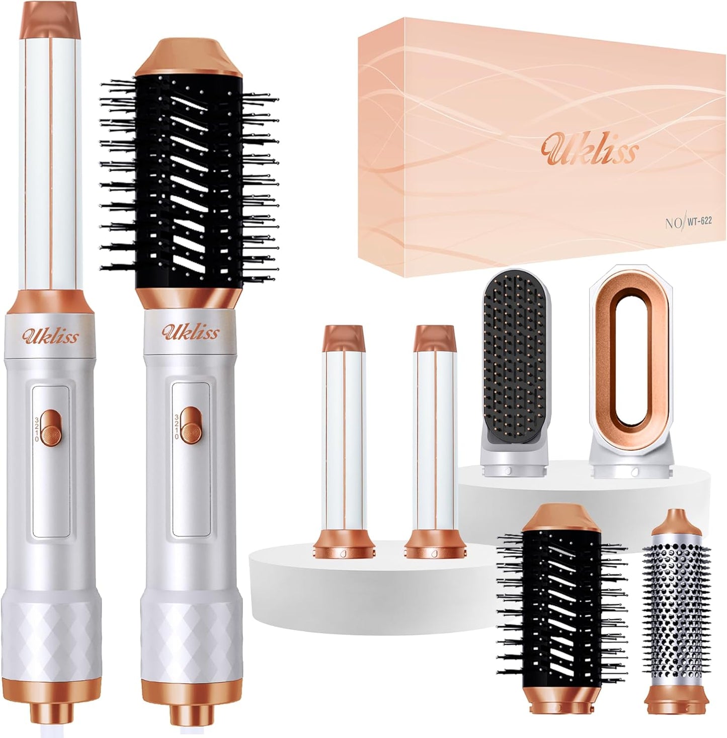 brosse Soufflante Set, 6 in 1 Airstyler Avec Seche Cheveux Fer a Boucler Brosse Lissante Cheveux Brosse Soufflante Pour Sécher, Boucler, Lisser, Styling, Cadeaux Pour Femmes, Famille