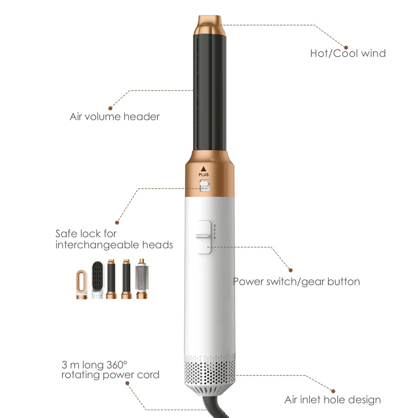 5IN1 Hot Air Brush Wrap Hair Dryer with Electric Curling Iron Hair Curler Dryers Curling Rollers Hair Straightener Styling Brush