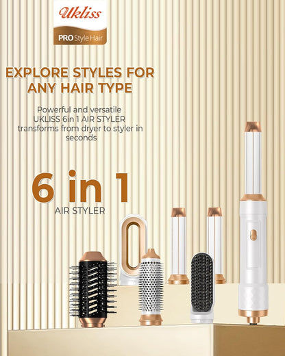 brosse Soufflante Set, 6 in 1 Airstyler Avec Seche Cheveux Fer a Boucler Brosse Lissante Cheveux Brosse Soufflante Pour Sécher, Boucler, Lisser, Styling, Cadeaux Pour Femmes, Famille