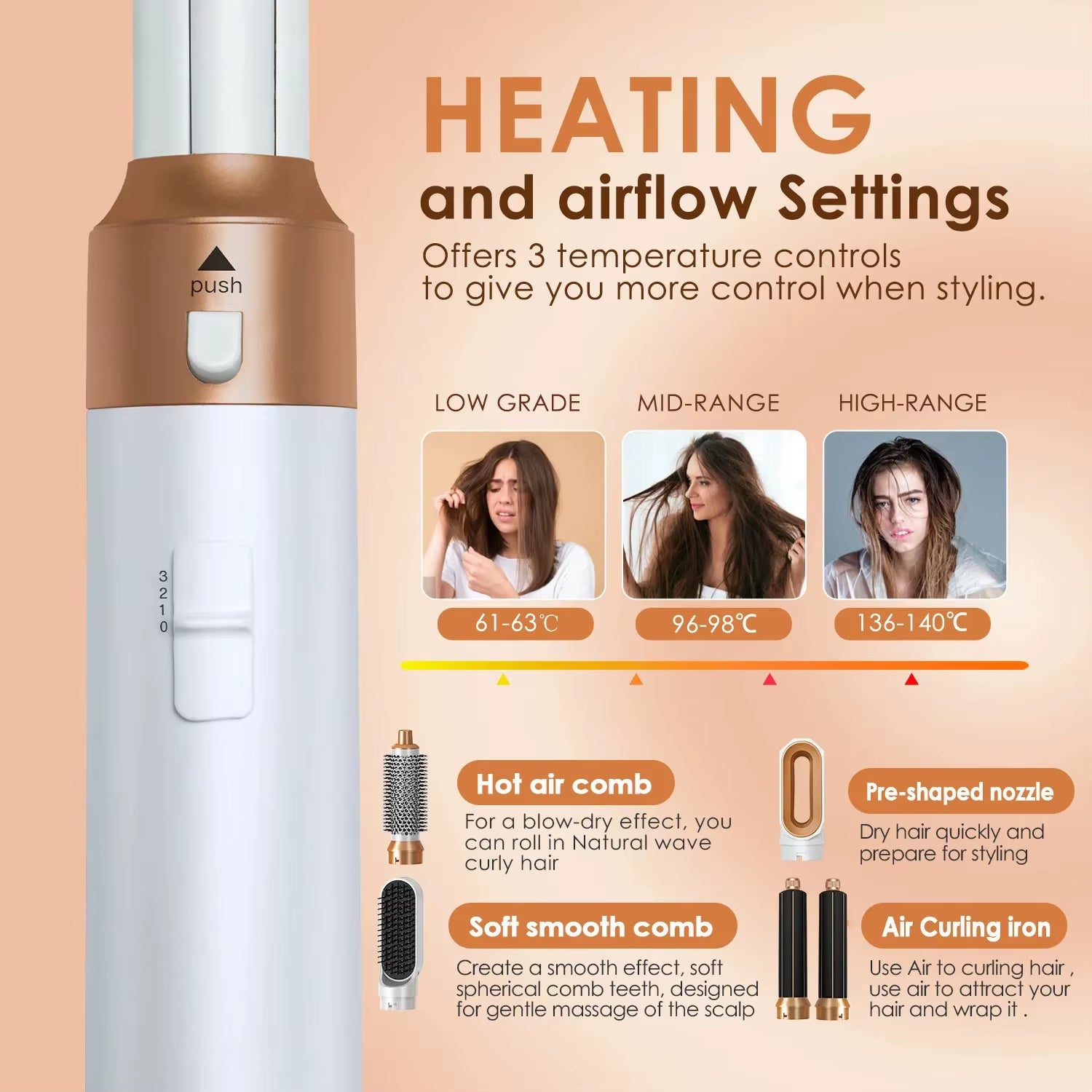 5IN1 Hot Air Brush Wrap Hair Dryer with Electric Curling Iron Hair Curler Dryers Curling Rollers Hair Straightener Styling Brush